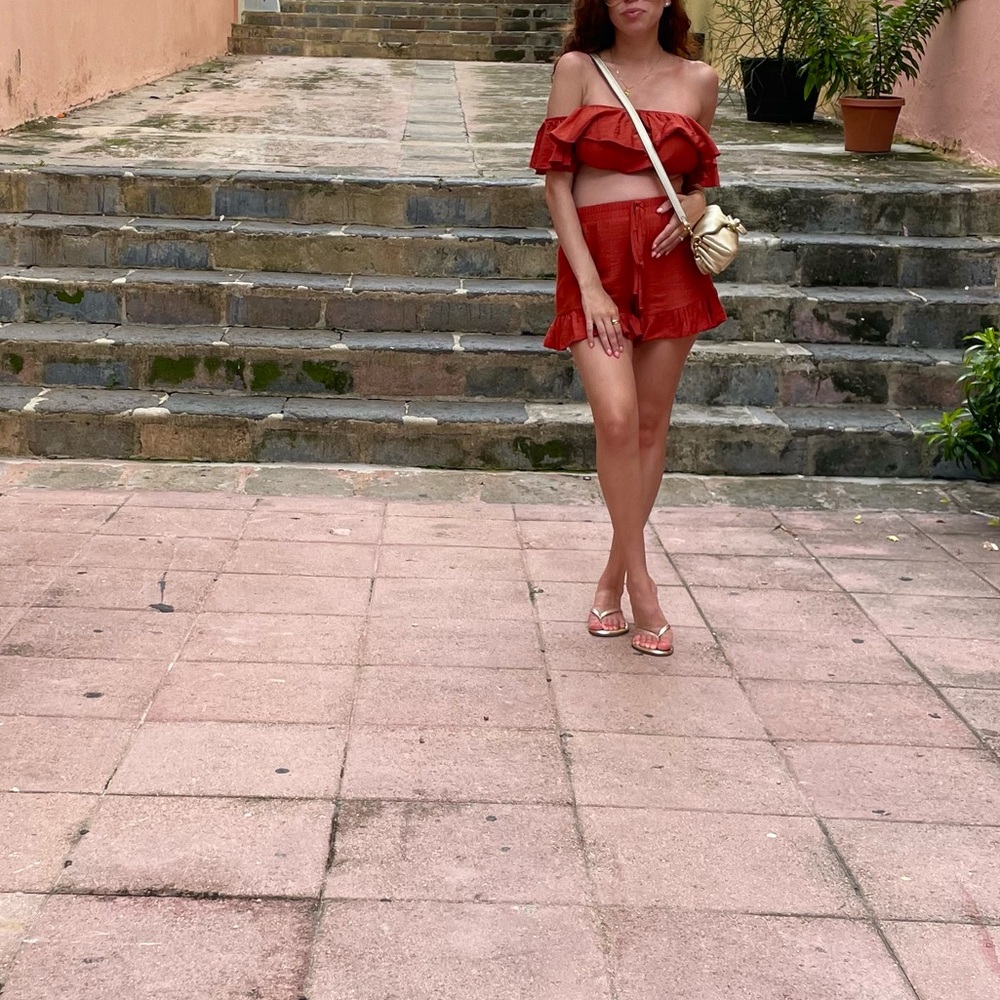 SHEIN Off-Shoulder Ruffle Two piece Set in Rust Red - Picture 3 of 3